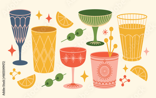 A whimsical illustration of vintage cocktail glasses arranged on a cream-colored background