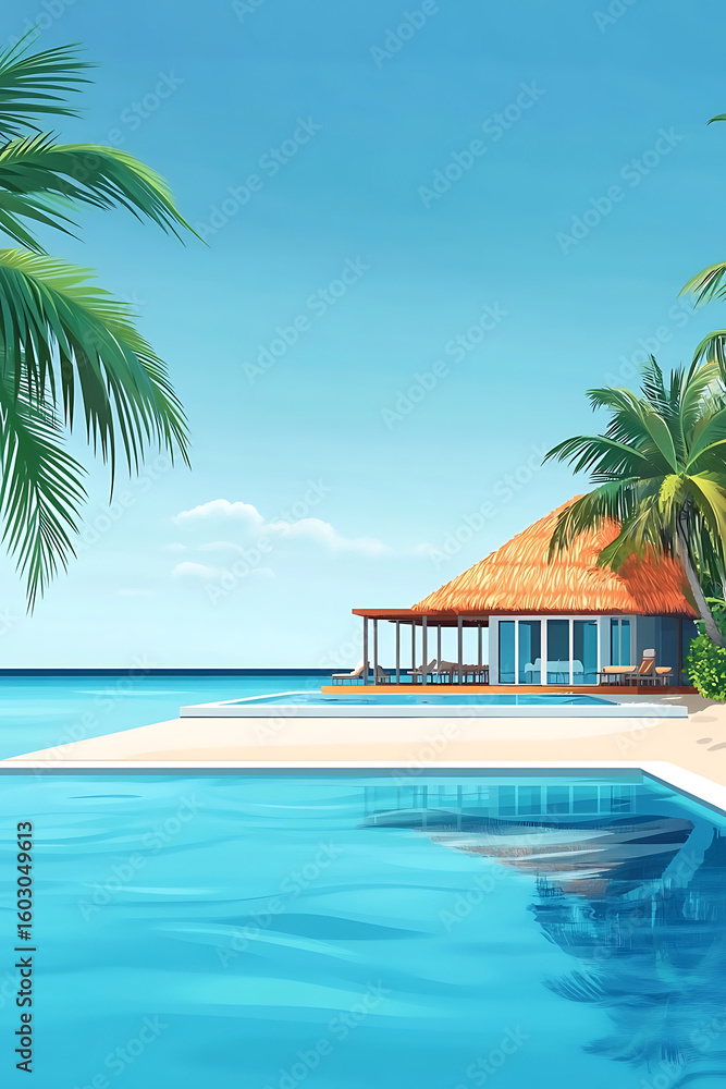Fototapeta premium Tranquil tropical paradise with a serene villa by the clear blue ocean under a bright sky