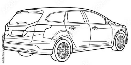 classic station wagon. Different five view shot - front, rear, side and 3d. Outline doodle vector illustration