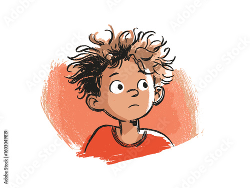 Child with messy hair looking curious in a hand drawn illustration  