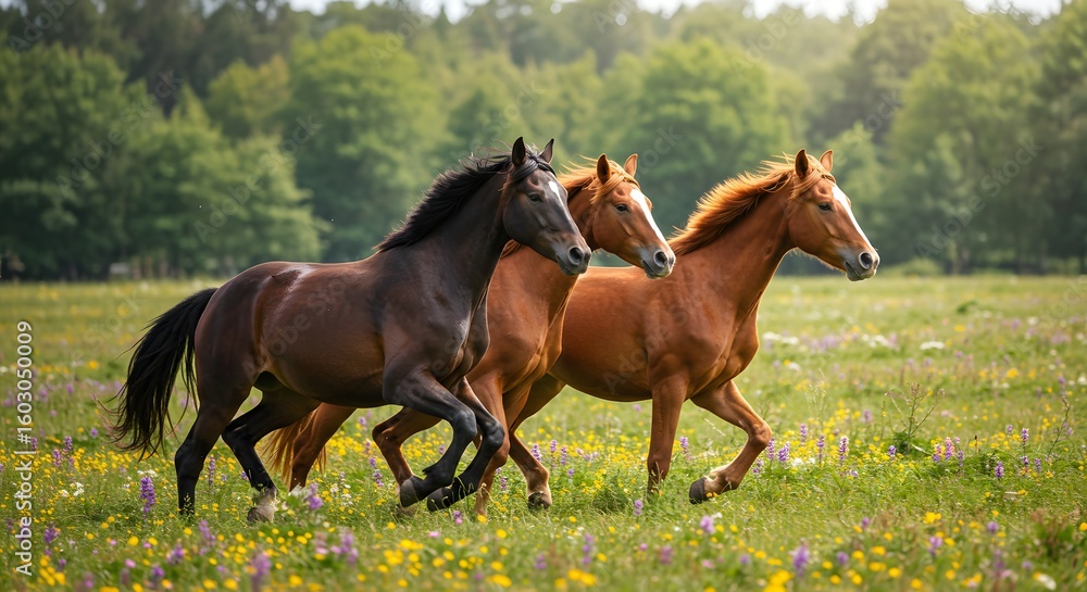 Fototapeta premium Three Horses Galloping in a Meadow