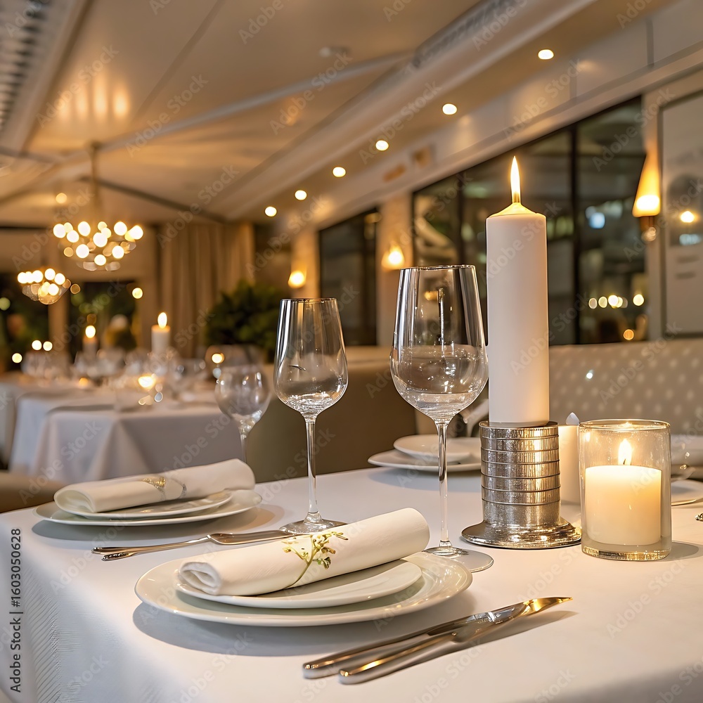 Elegant restaurant table setting with candles perfect for romantic dinners events high resolution photo Elegant restaurant table setting with candles perfect for romantic dinners events high resolution photo