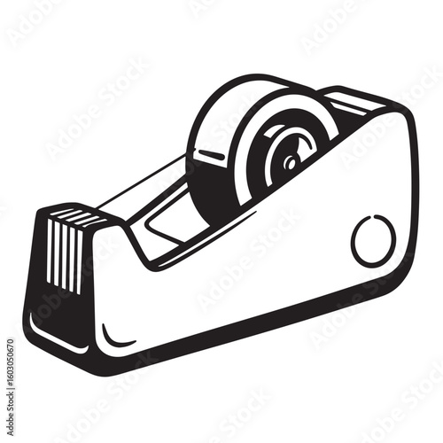 Classic black and white illustration of a tape dispenser a common office supply tool in retro style vintage art.