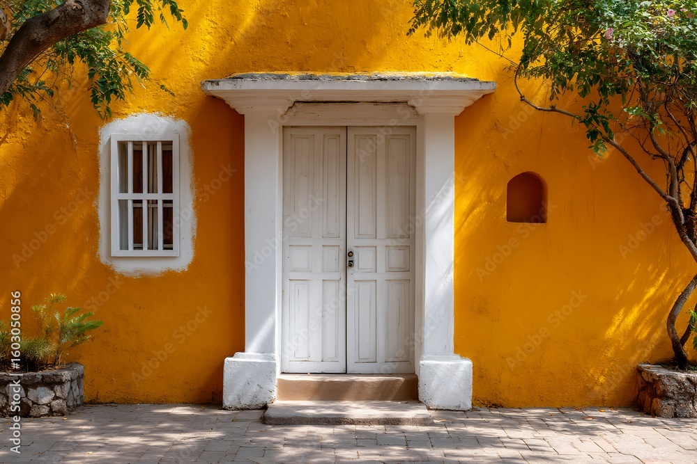 Fototapeta premium Vibrant yellow house with white door and lush greenery