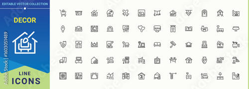 Decor line icon set. House Decoration icon pack. Includes thin line symbols interior, furniture, art and design, room, house decoration, desing and more. Editable stroke. Vector collection.
