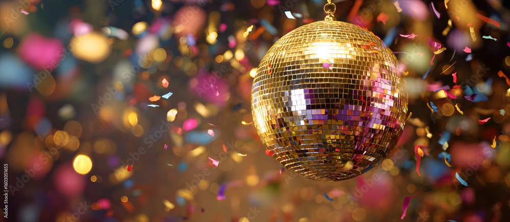 Fototapeta premium Vibrant shiny disco ball reflecting golden light with colorful confetti falling against a blurred festive background creating a joyful celebration atmosphere