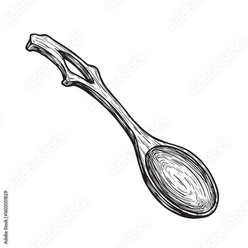 Detailed vintage art illustration of a wooden spoon with a rustic handcrafted design perfect for cooking and kitchen related concepts.