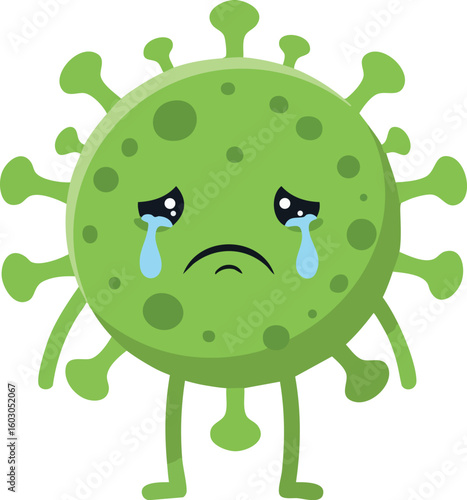 Sad green virus character crying with tears cute emotional cartoon vector illustration 