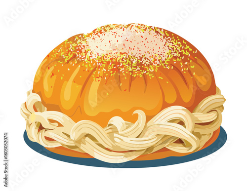 Ornate Sweet Bun with White Sugar Glaze Vector Illustration