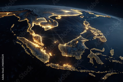 Wallpaper Mural Satellite view of Southeast Asia with Malaysia glowing bright, digital lines connecting to major trade partners. Torontodigital.ca
