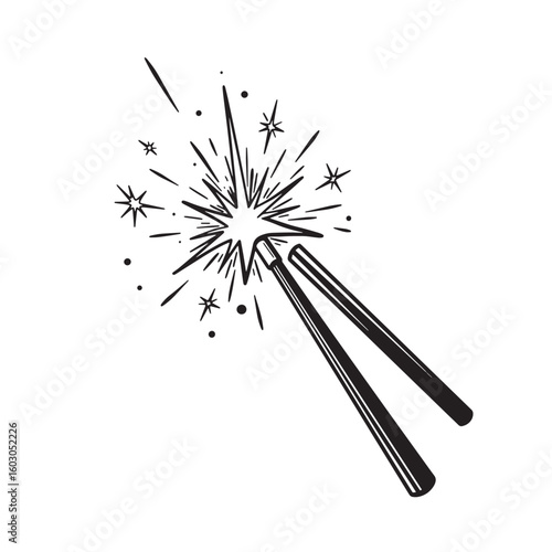 Elegant hand drawn illustration of a sparkling magic wand suitable for use in vintage art design projects for various themes
