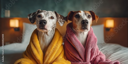 Two Dogs in Bathrobes at Hotel for a Pet-Friendly Vacation