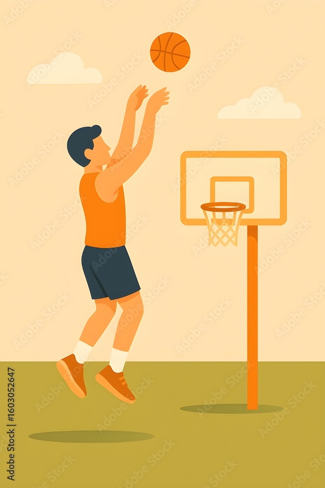 Fototapeta premium Flat Vector Illustration of Basketball Player Shooting the Ball on Court