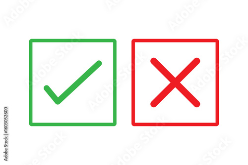 Green check mark and red cross icon set in circle and square. Tick & cross icon button set. Yes or no symbol, approved or rejected icon.
