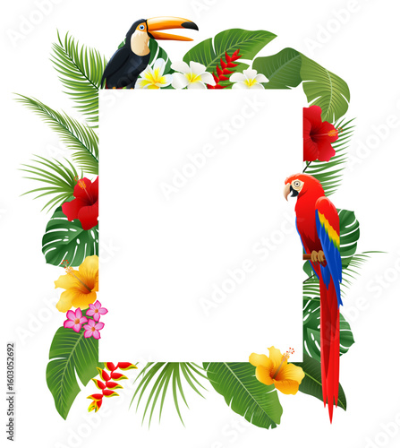 Tropical frames with leaves, flowers and birds for party invitations, sale posters and wedding cards. Collection of vector templates isolated on a white background.