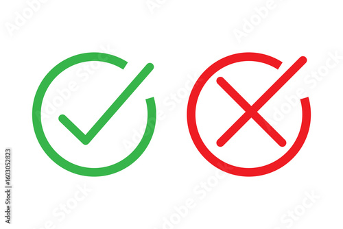Green check mark and red cross icon set in circle and square. Tick & cross icon button set. Yes or no symbol, approved or rejected icon.