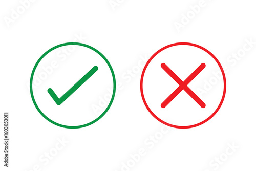 Green check mark and red cross icon set in circle and square. Tick & cross icon button set. Yes or no symbol, approved or rejected icon.