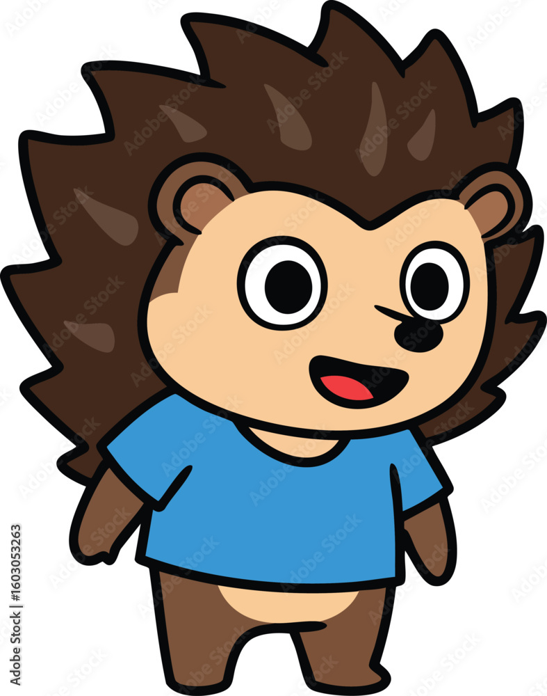 Obraz premium Cartoon hedgehog character wearing blue shirt smiling in simple vector illustration style for children and entertainment purposes