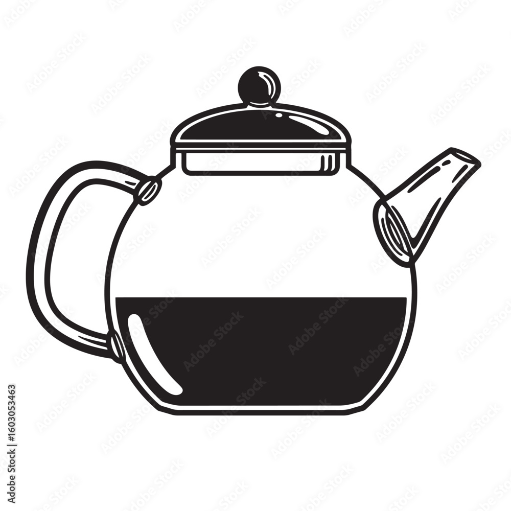 Obraz premium Simple black and white illustration of a vintage art style tea kettle filled with liquid perfect for graphic design purposes.