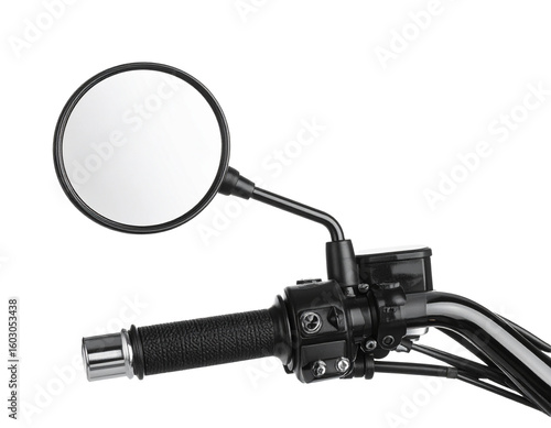 Fototapet A shiny motorcycle handlebar with a chrome mirror, angled view, isolated on a white background