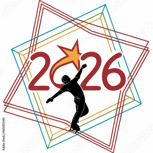 Geometric new year design with ice skater and star