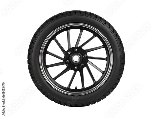 A black motorcycle tire with visible tread, angled view, isolated on a white background.