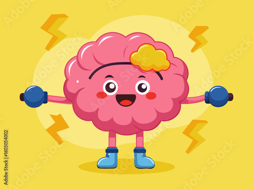 Cartoon brain character ready for action with boxing gloves and lightning bolts