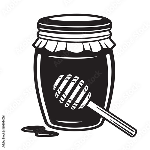 Vintage art depicting a jar of honey alongside a honey dipper and a spill of sweet golden nectar a charming food illustration.