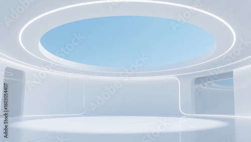 Minimalist Futuristic Interior with Circular Skylight