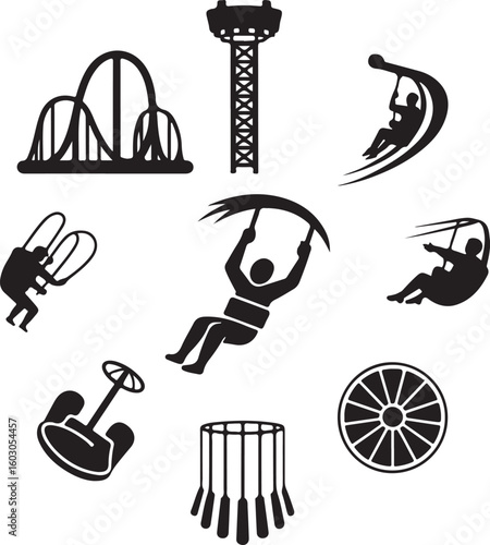 Extreme Thrill Ride Solid Icons – Roller Coaster Loop, Drop Tower, Zip Line, Bungee Jump, and Free Fall Ride Silhouettes