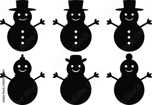 christmas snowman black silhouette set, christmas snowman  vector bundle