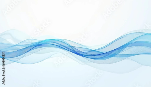 A minimalist abstract background featuring a horizontal flow of translucent, overlapping blue wave-like shapes against a pristine white backdrop. The design conveys a sense of calm, movement,