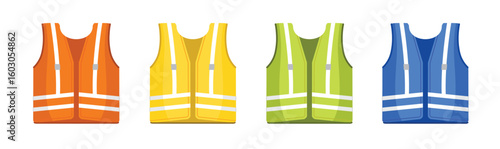 Safety vest. Multi-colored work uniform set with reflective stripes.