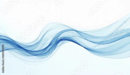 A minimalist abstract background featuring a horizontal flow of translucent, overlapping blue wave-like shapes against a pristine white backdrop. The design conveys a sense of calm, movement,