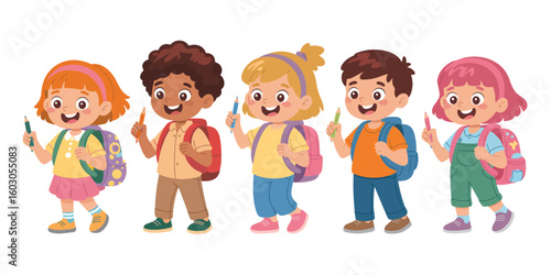 Playful Elementary School Children Vector Set – Happy Kids with Backpacks and Pencils, Colorful Cartoon Education Characters Perfect for Back to School and Learning Illustrations.


