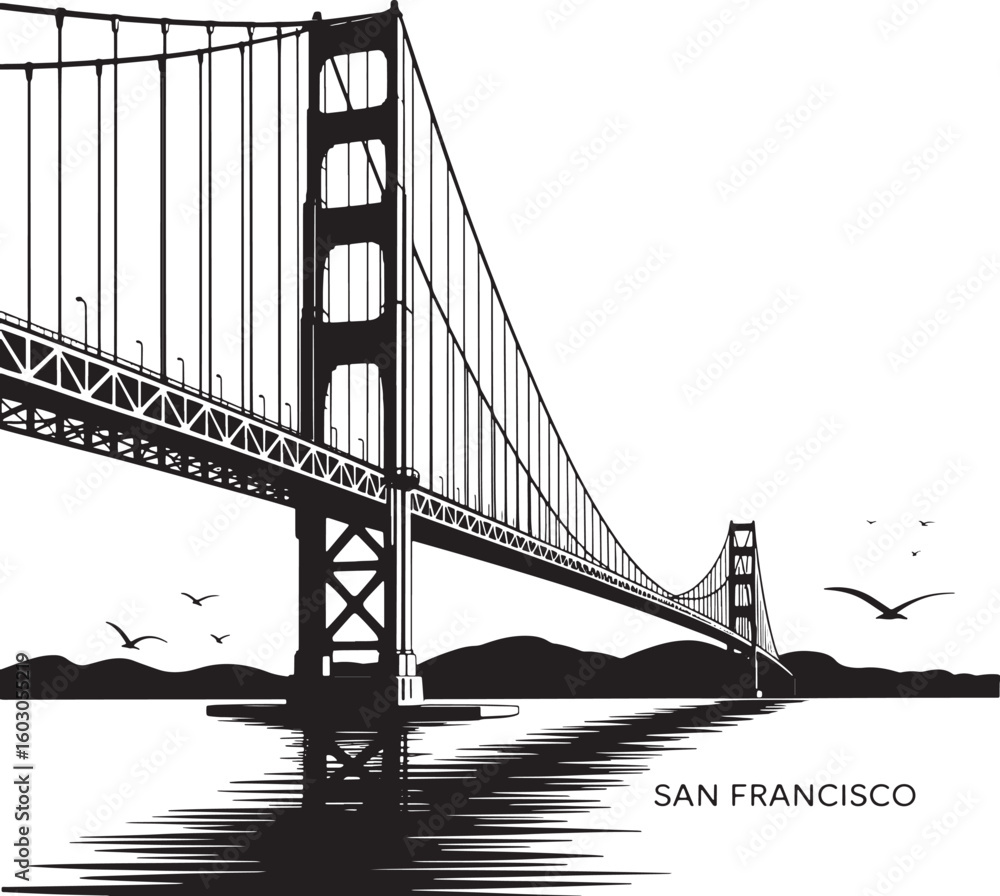 Obraz premium San Francisco Golden Gate Bridge Silhouette with Water Reflection on Transparent Vector