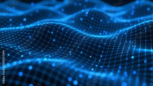 Dynamic Blue Digital Wave with Illuminated Nodes and Grid Pattern