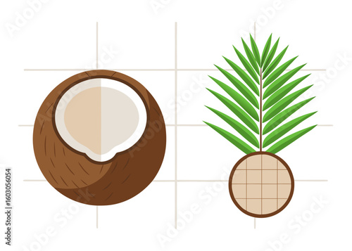 Coconut and palm frond illustration on a grid background