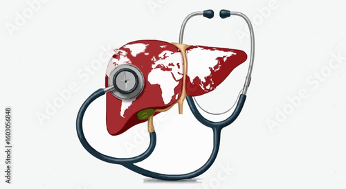 Global liver health examined with stethoscope, medical concept