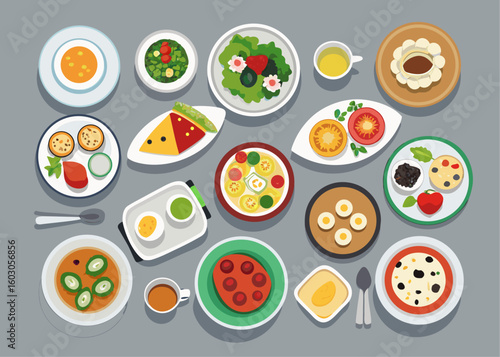 A variety of delicious food dishes and drinks on a table