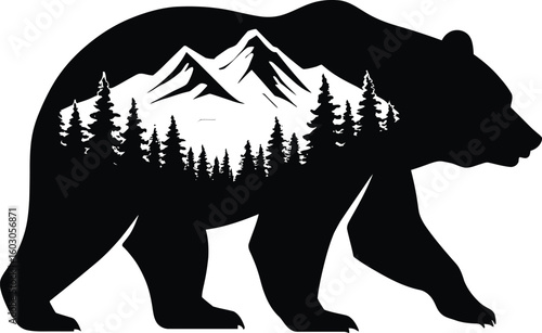 Wilderness concept illustration of a bear silhouette with a double exposure mountain forest scene.