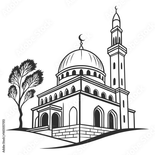 Islamic mosque with dome and minaret and tree architecture