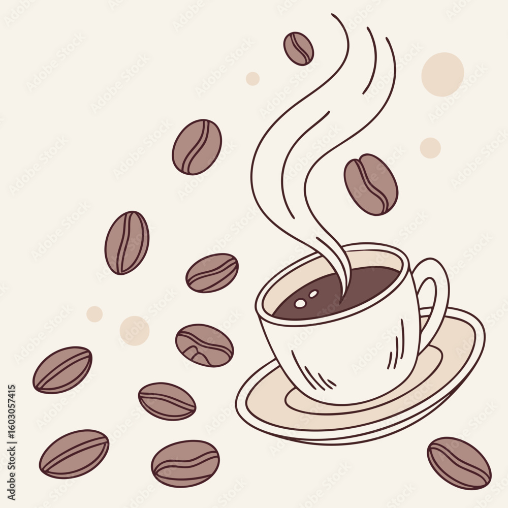 Obraz premium Steaming coffee cup with scattered beans saucer