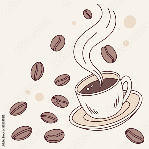 Steaming coffee cup with scattered beans saucer