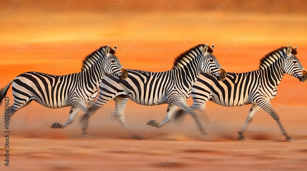 Fototapeta premium Herd of zebras galloping across savannah, stripes blurring, dynamic motion, vibrant
