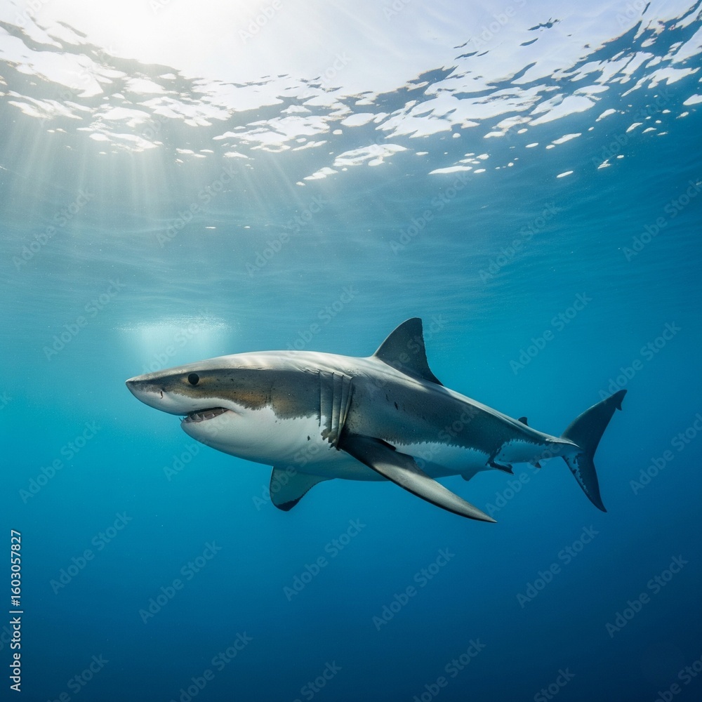 Obraz premium Powerful Great White Shark Swimming in Deep Blue Ocean 