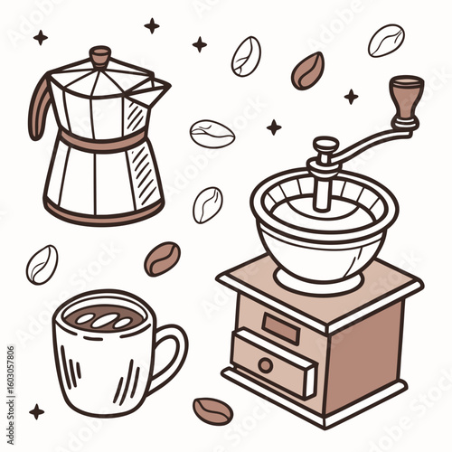 Moka pot coffee grinder and cup with beans coffee cup