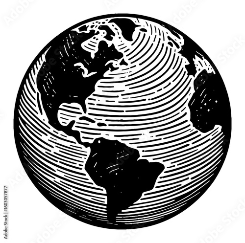 Detailed Globe Earth World Map Black and White Outline Line Art Drawing Vintage Engraving Style Isolated