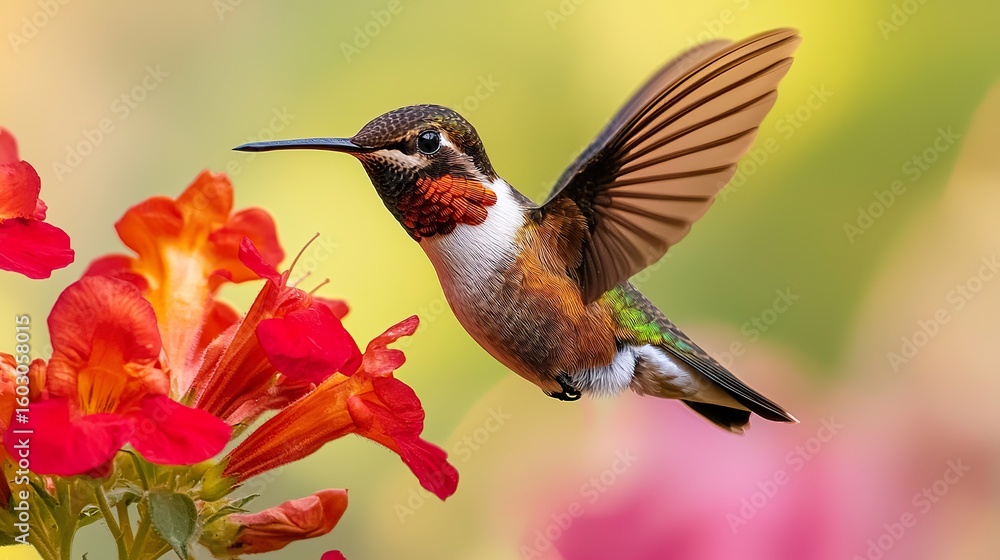 Fototapeta premium Hummingbird hovering delicately near a colorful flower, rapid wings, vibrant, macro-like