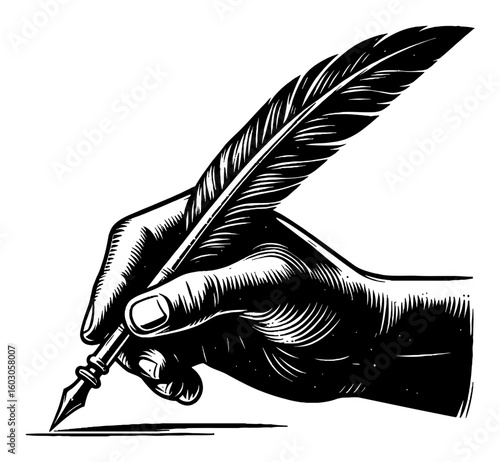 Hand Holding Quill Feather Pen Writing Black and White Outline Line Art Drawing Vintage Engraving